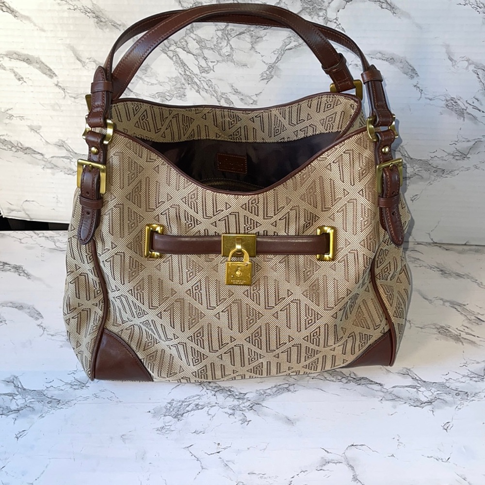 LAUREN RALPH LAUREN LOGO CANVAS LEATHER SLOUCH HOBO BAG  GOLD LOCK & HAR…